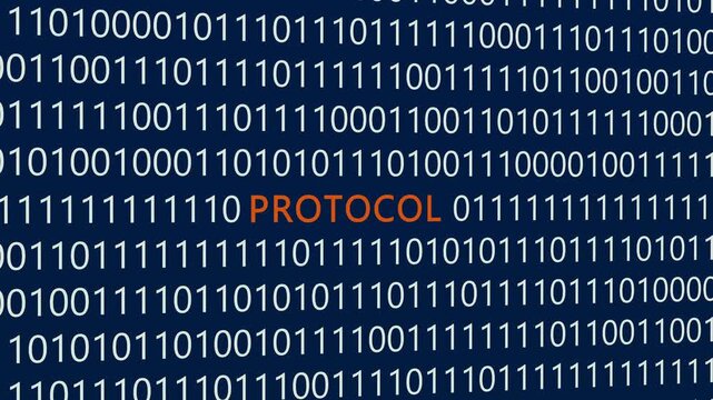 Protocol text or word with digital binary animation made in After Effects for digital world technology concept, representing standardized data communication rules, network security standards