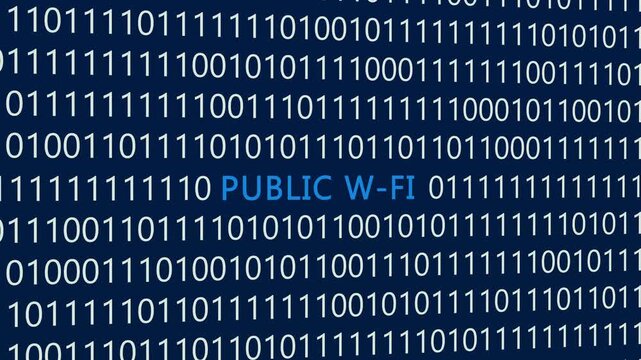 Public Wi-Fi text or word with digital binary animation made in After Effects for digital world technology concept, representing open wireless networks, hotspot connectivity, mobile internet access