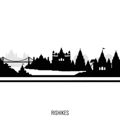 Fototapeta premium Rishikesh Cityscape Silhouette: Temples, Bridge, and Ganges River Landmark View