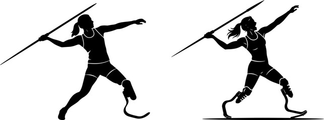 Fototapeta premium Prosthetic limb athlete silhouette, adaptive athlete throwing a javelin with prosthetic leg firmly planted.