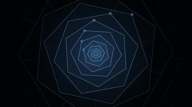 abstract digital animation featuring nested blue geometric polygons rotating and glowing against a dark background, creating a futuristic tunnel effect.