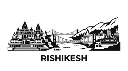 Obraz premium Rishikesh Landmark Silhouette, Ganges River, Suspension Bridges, Indian Temples, Mountains