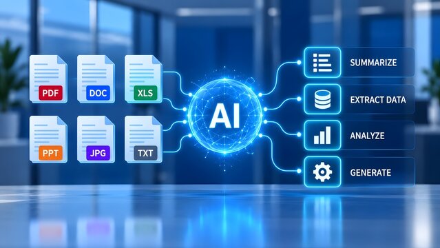 AI processing various file types for analysis and generation