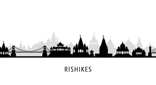 Rishikesh India Skyline Silhouette with Temples and Bridge on White Background