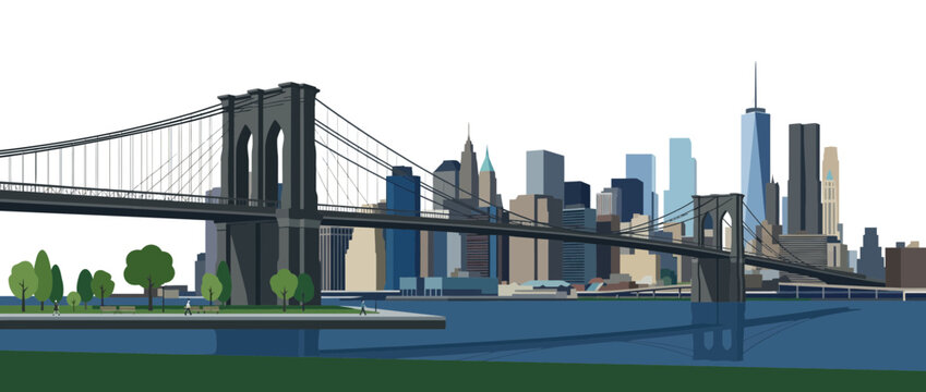 Brooklyn Bridge and New York City Skyline Illustration, Isolated on White