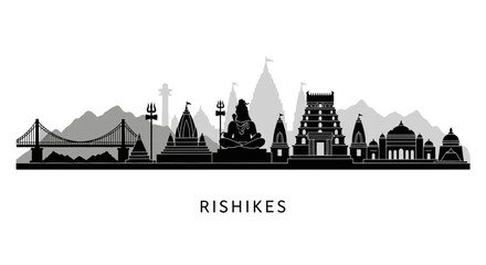 Obraz premium Rishikesh Skyline Silhouette: Temples, Bridge, Lord Shiva Iconic Landmark