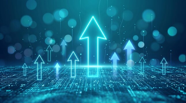 Abstract digital background featuring glowing rising arrows over circuit board pattern representing business growth and technological advancement in artificial intelligence systems