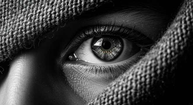 Close up of an intense human eye behind fabric.