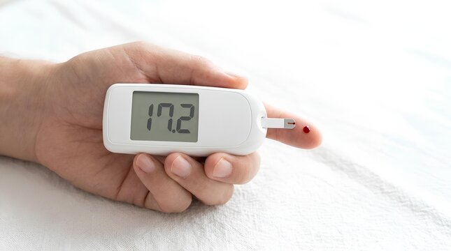 Hand holding blood glucose monitor showing numeric sugar level.