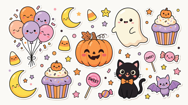 Kawaii Pastel Halloween Sticker Collection - Cute Ghost, Black Cat, Pumpkin, Cupcakes, and Balloons Vector
