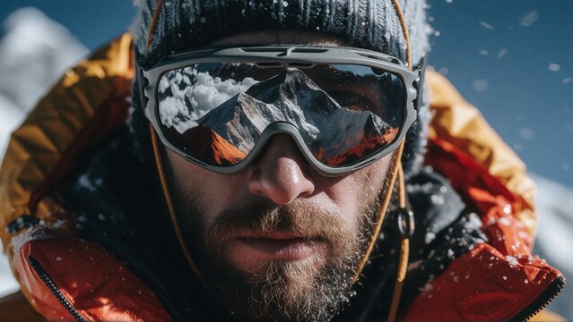 Mountaineer Wearing Goggles with Mountain Reflection in Snow