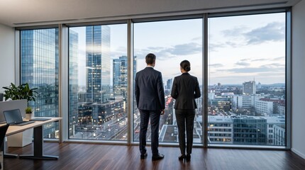 Fototapeta na wymiar Business partners looking out window at city skyline, corporate strategy planning concept, modern office interior view, professional teamwork and leadership vision