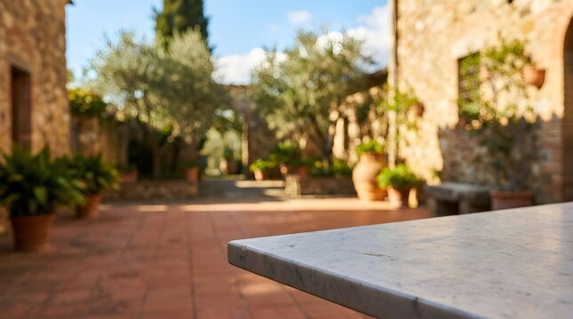 Rustic stone courtyard with empty marble table, Mediterranean garden patio with olive trees, sunny outdoor terrace background