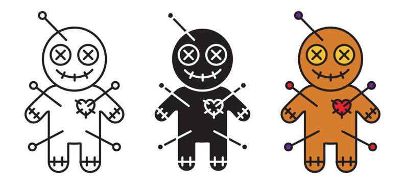 Set of voodoo doll icons in line, solid and color styles isolated on white background.