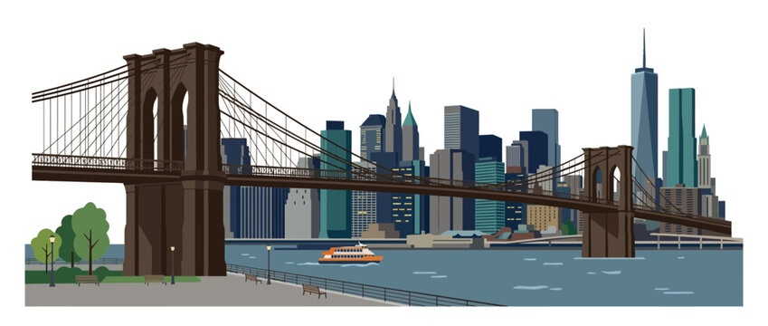 Brooklyn Bridge New York City Skyline Illustration, Iconic Landmark Vector Art