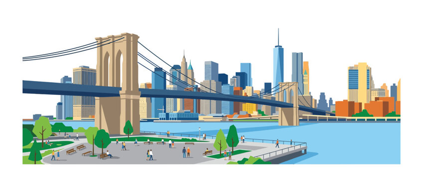New York City Skyline Brooklyn Bridge Park Waterfront Vector Illustration