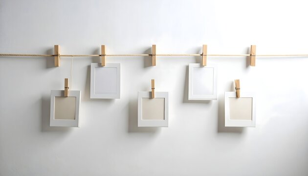 Peque&ntilde;os marcos cuadrados blancos colgados con pinzas de madera sobre una cuerda horizontal en una pared clara