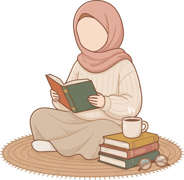 Muslim woman reading book illustration vector, cozy girl studying with coffee cup and stack of books on round rug, education and lifestyle concept