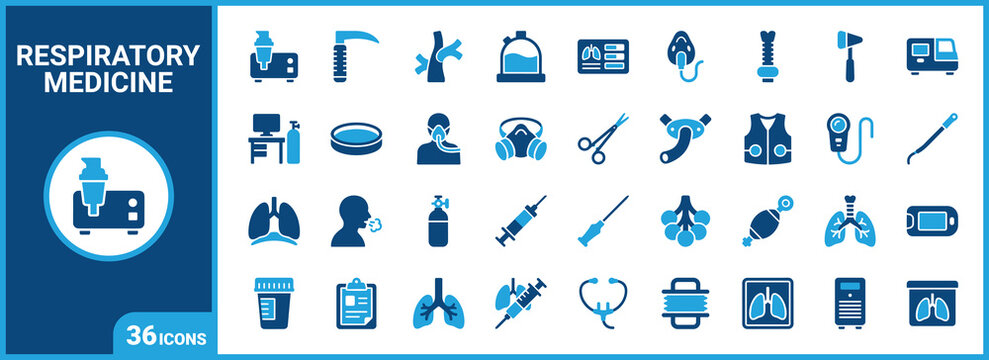Pulmonology two-tone icon set. Filled glyph pictograms of respiratory, lung, breathing, and asthma elements, blue duotone illustration.