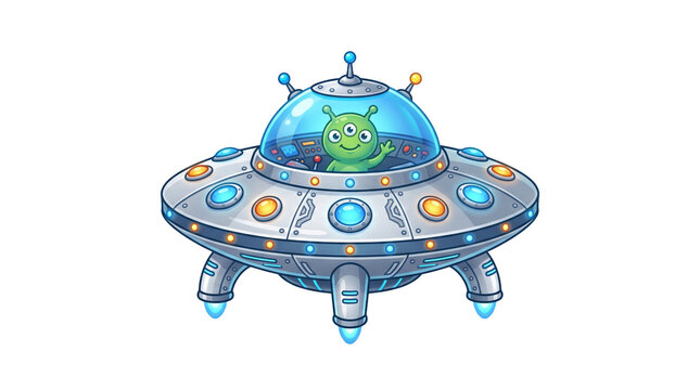 Cute green alien with three eyes waving from inside a silver UFO spaceship. Vector style illustration for kids, space theme, science fiction, and game assets.
