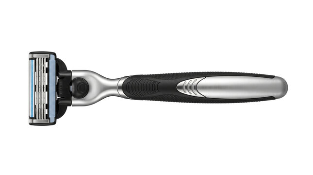 A modern manual shaving razor featuring multiple blades and a textured metal handle. High-quality professional product shot for men grooming, skincare, and beauty commercial ads.
