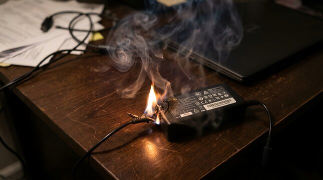 Laptop charger brick burning with small flames in a dark room