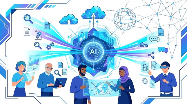 Diverse professionals interacting with artificial intelligence technology and digital data visualization interfaces.