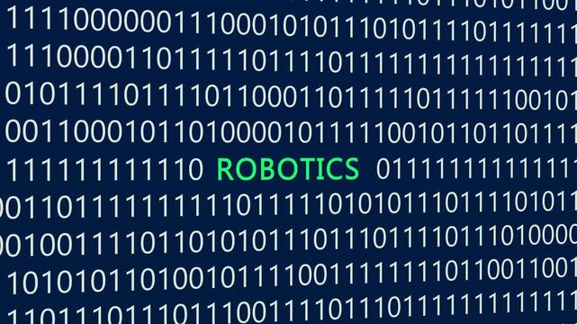 Robotics text or word with digital binary animation made in After Effects for digital world technology concept, representing automated mechanical systems, smart engineering, artificial intelligence