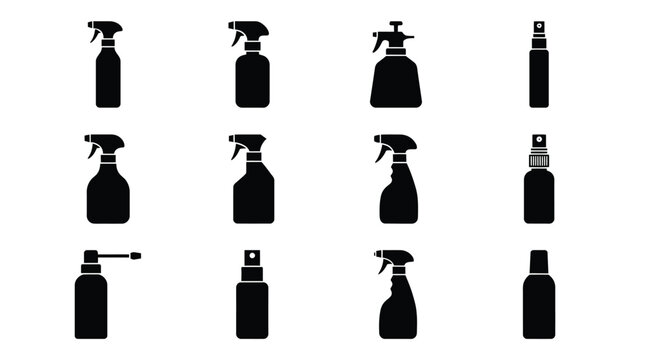 Collection of various spray bottles with different nozzle designs on transparent background