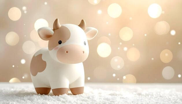 Figura decorativa de vaca peque&ntilde;a blanca y marr&oacute;n sobre una superficie clara con fondo luminoso desenfocado y luces bokeh