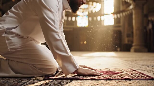 Muslim man praying inside a mosque with warm sunlight