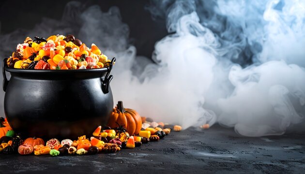 Caldero negro lleno de caramelos de Halloween con humo, calabaza y dulces dispersos sobre fondo oscuro