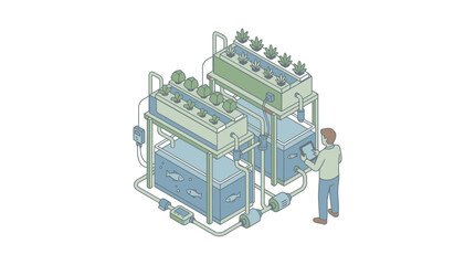 Fototapeta premium Sleek Aquaponics System Showing Integrated Fish Tanks and Hydroponic Plant Growing Levels with Monitoring Devices