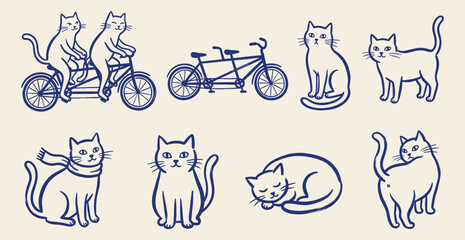 Fototapeta premium Hand drawn blue line art vector set of cute cats, bicycle, and sleeping kitty on beige background