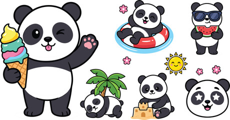 Cute panda character summer vacation and beach elements vector illustration flat icon set isolated on white background © joy