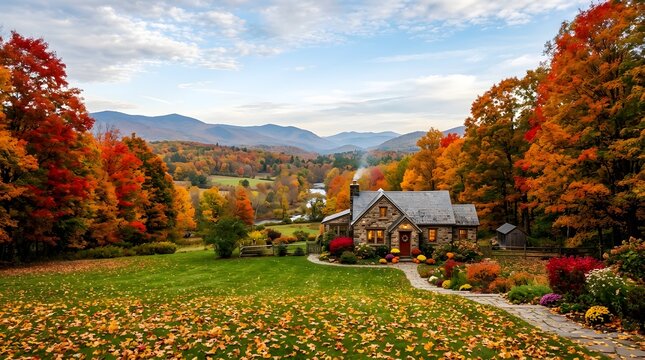 A charming stone cottage nestled in a vibrant autumn landscape with colorful trees, a lush green lawn, and distant mountains under a cloudy sky