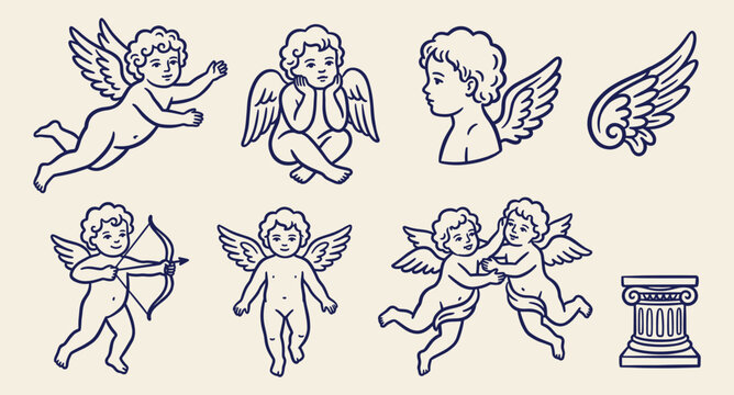 Hand drawn blue line art vector set of cherubs, cupids, wings, and pillar on beige background