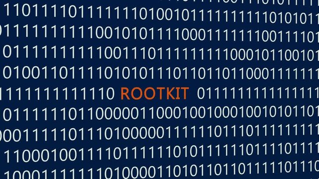Rootkit text or word with digital binary animation made in After Effects for digital world technology concept, representing covert malware intrusion, system privilege escalation