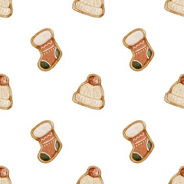 Christmas gingerbread pattern with stockings and hats for festive wrapping