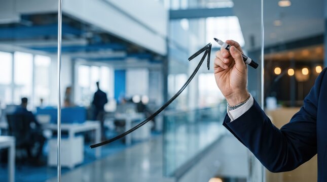 Business person drawing a rising growth arrow on a glass wall in a modern office, symbolizing financial success, strategy planning, and positive market trends.
