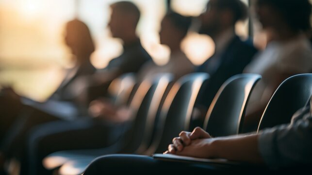 Audience members sitting in rows attending a corporate conference or seminar presentation
