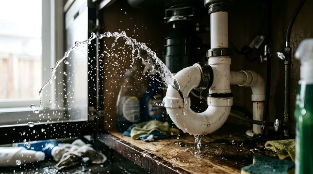 Bursting P-trap pipe spraying water under a cabinet with natural window light