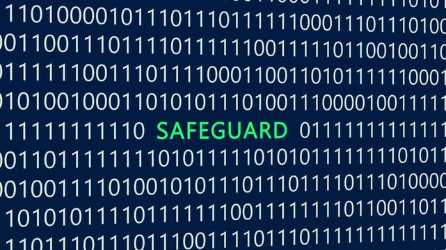 Safeguard text or word with digital binary animation made in After Effects for digital world technology concept, representing cyber security protection, data safety, and system defense.