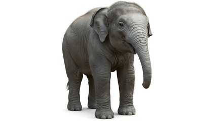 Fototapeta premium Young Baby Elephant Standing in White Background with Grey Skin and Large Ears