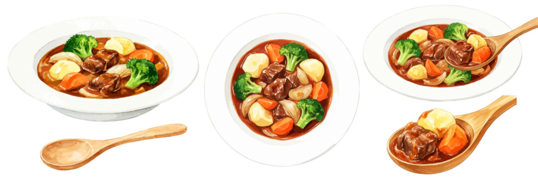 ビーフシチューの手描きイラストセット,デミグラスソース・煮込み料理・牛肉・具材・ブロッコリー・シチュー・ブラウンソース・洋食屋メニュー・皿・真上・水彩風・洋食パーツ,冬・カフェ・レシピ販促素材,ベクター,透過PNG
