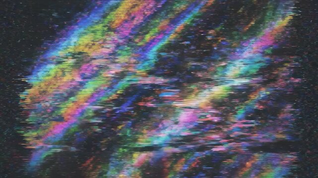 Chromatic glitch effect transitions across a dark background with distorted lines distortion aberration transition digital artifact static interference