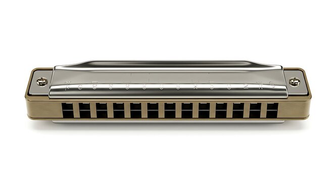 Harmonica Silver Brass Musical Instrument on White Background for Music and Entertainment