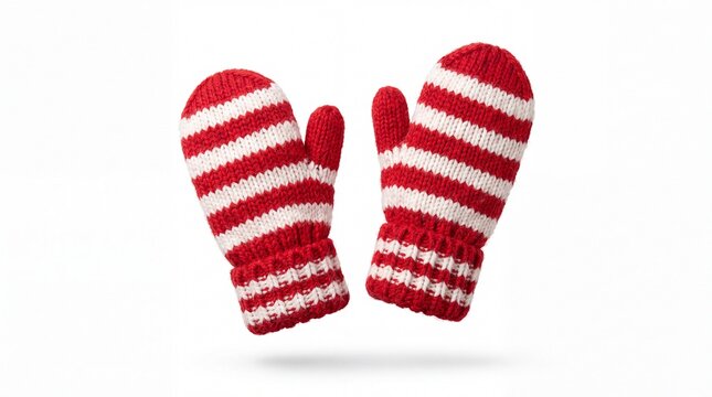 Pair of red and white striped winter mittens for cold weather