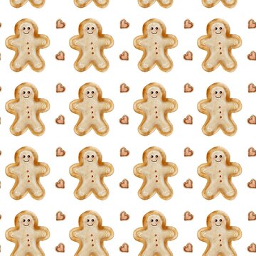 Watercolor design of gingerbread cookies and hearts in a repeating pattern