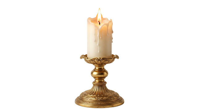 Vintage brass candlestick with burning white pillar candle, antique gold candle holder, elegant wax candle on white background